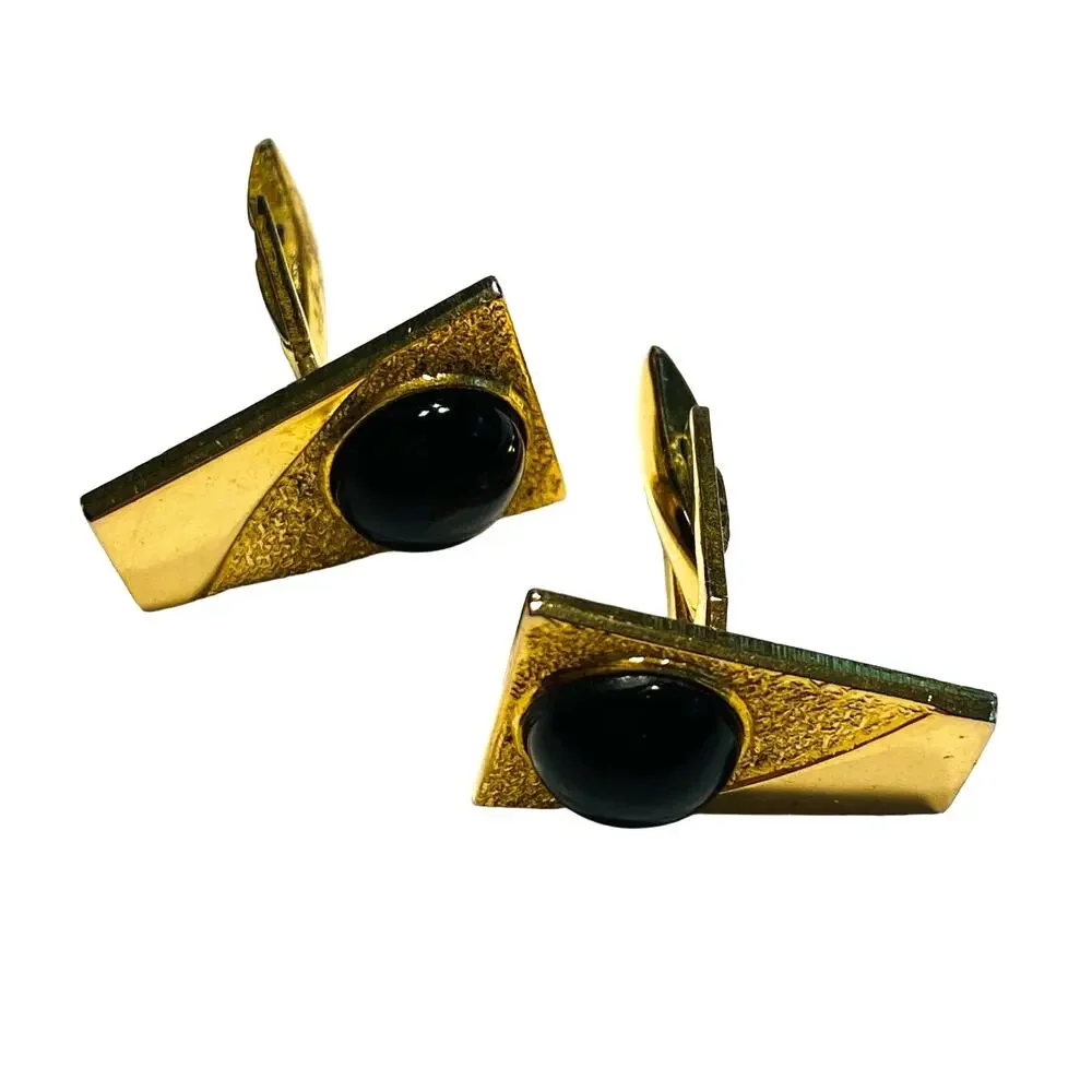 Vintage Mid Century Cufflinks gold & black domed polished stones hallmarked S